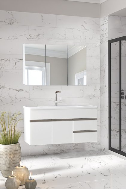 Esen Beyaz 100 Cm Aynalı Seramik Lavabolu MDF Banyo Dolabı Seti Hazır Kurulu