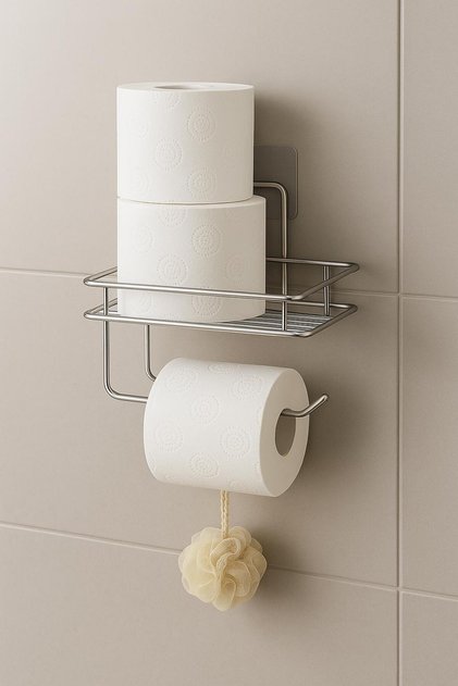 Güçlü Yapışkanlı Yedek Raflı Tuvalet Kağıdı Askılığı Banyo Düzenleyici Krom