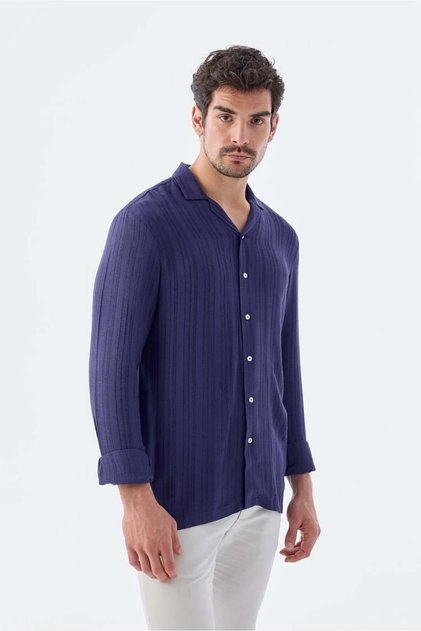 Cobalt Blue Classic Fit Apache Collar Striped 100% Cotton Bohemian Shirt