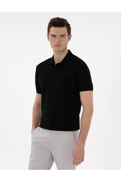 Siyah Regular Fit %100 Pamuk Cepli Düğmeli Polo Yaka Basic Tişört 50306552-VR046