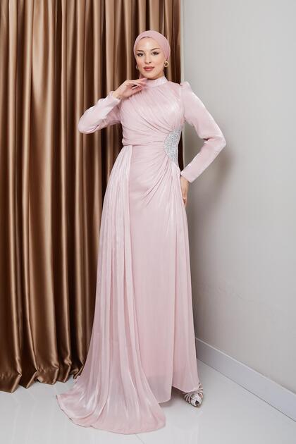 Rochie de seară Yoryo din mătase cu pietre aplicate și șnur la talie, stil Tesettür PUDRA 1233