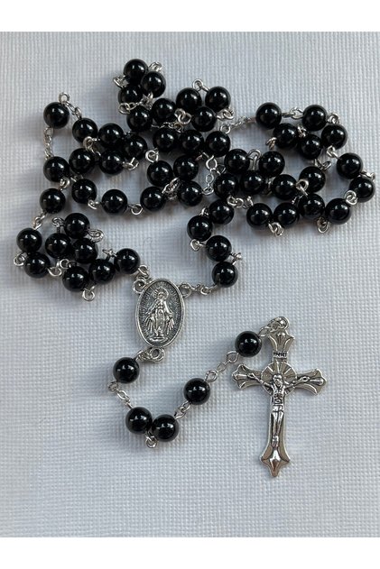 6mm Oniks Doğal Taş Katolik Hristiyan Rosary Tesbih / Haç Kolye -Gümüş Rengi