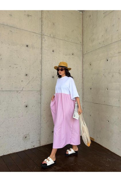 Women's Pink Combed Cotton Six-Line Woven Fabric Long Oversize Dress 29169