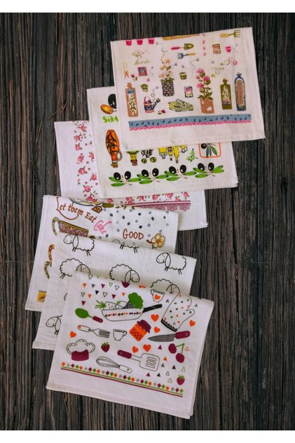 Set of 6 Kitchen Towels 30X50 Cm., Printed Towels with Pictures, Patterned Cream Kitchen Towels Drying Cloth