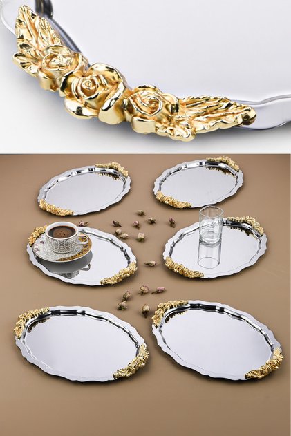 6-Piece Silver Oval Model Rose Motif Coffee-Tea Serving Tray 25 cm x 20 cm