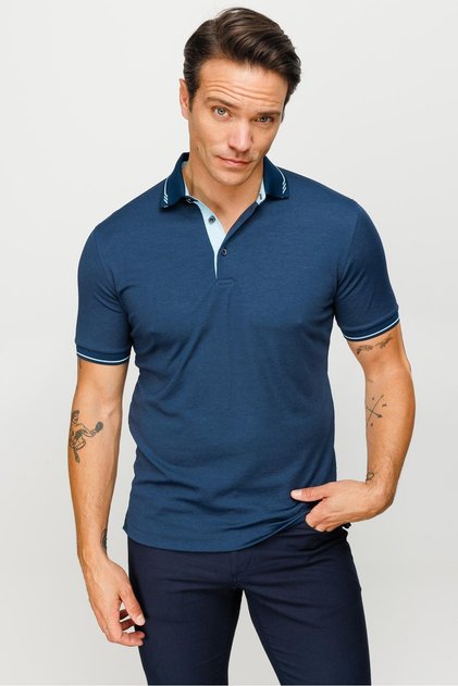 Men's Polo Neck Collar And Sleeve Knitwear T-shirt Petrol