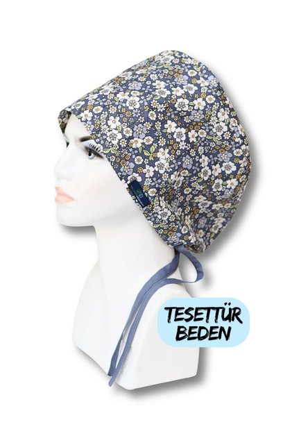 Tesettür Beden Bahar Çiçekleri Mavi Cerrahi Bone Doktor Hemşire Sağlıkçı Hastane Bonesi