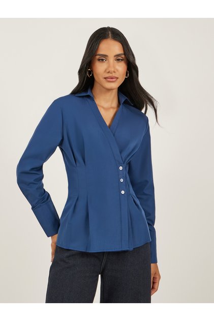 Women Navy Blue Solid Pleated Regular Fit Wrap Shirt