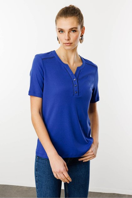 Women's Embroidered Shoulder and Collar Edge Cotton Tshirt Cobalt Blue