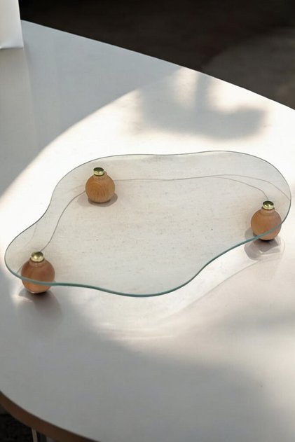 Decorative Glass Tray Wooden Leg Glass Presentation Tray Standing Glass Tray Promise Engagement Coffee Presentation Tray
