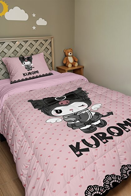Pembe Kalpler ve Kuromi Desenli Tek Kişilik Yorgan ve Yastık Kılıfı