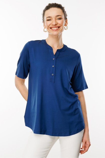 Women's Buttoned Collar Combed Cotton T-Shirt Indigo