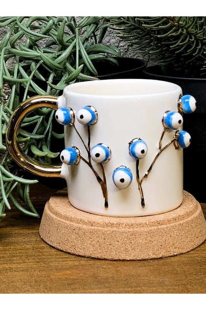 24 Carat Gold Decorated, Evil Eye Tree of Life Embossed Handmade Turkish Coffee Cup for Gift 130 ml