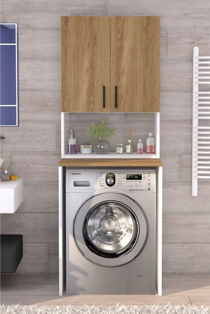 Üst Dolaplı Çok Amaçlı Çamaşır Makinesi Dolabı Meşe