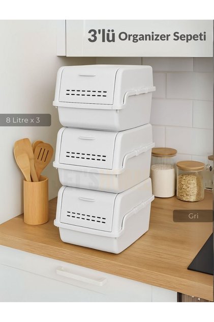 3'lü Set Organizer Erzak Kutusu Bpa Free Saklama Kutusu Soğanlık Sebzelik Sepet Gri 8 Lt x 3