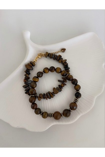 (Two Bracelets) Natural Stone Brown Tiger's Eye Natural Stone Women's Bracelet Special Gift for Mother and Lover in Gift Box