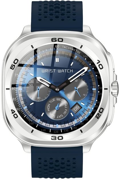 DOM7 Smartwatch 1.43" AMOLED,BT Calling,Health Tracking,IP67,7-Day Battery,Silver Frame & Blue Strap