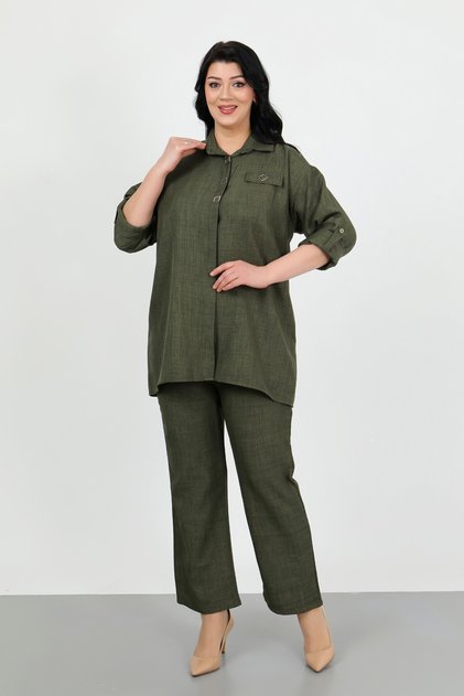 Women's Khaki Soft Linen Trousers Shirt Large Size Two Piece Set