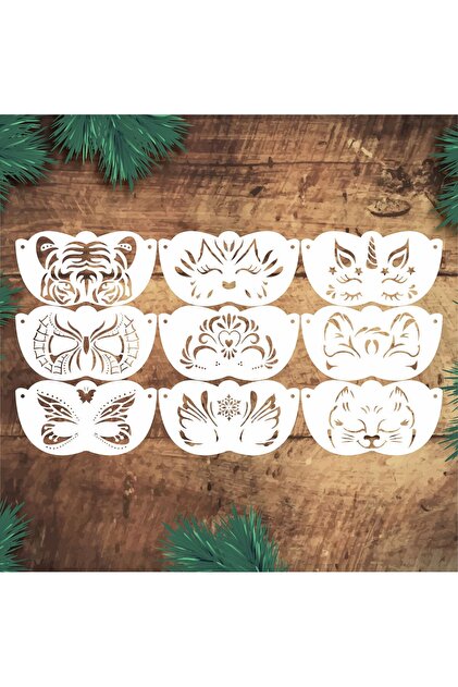 Stencil Tasarım 9 Adet SL088 Çocuk Yüz Boyama Maskeleri SET34 Pasta, Ahşap, Yüz Boyama Şablonu