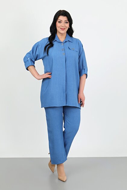 Women's Indigo Soft Linen Pants Shirt Plus Size Double Set