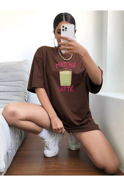 Popular Trend Matcha Latte Printed Loose Fit Women's Brown Tshirt