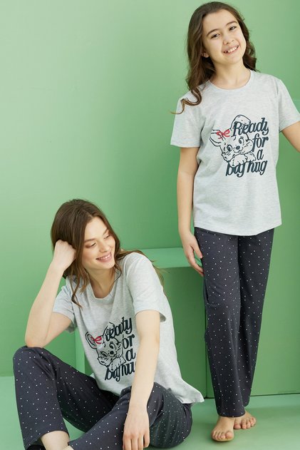 Grey Melange Patterned Cotton Crew Neck Knitted Pajama Set 25117082