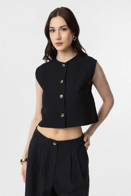 Black Linen Blended Women's Vest