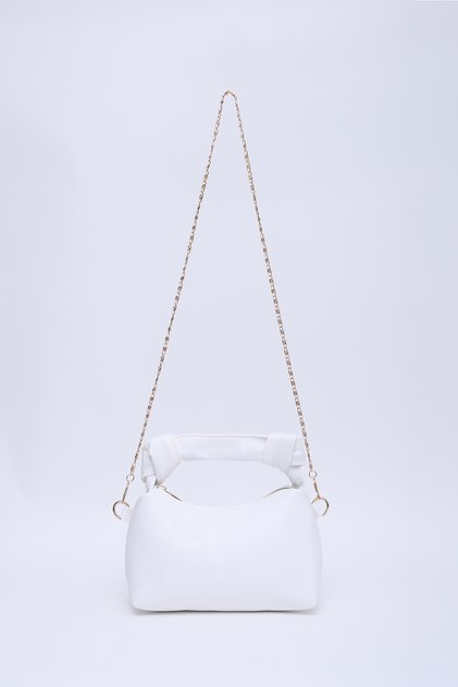Weiße Shk24 Hand- und Schultertasche aus weichem Leder mit Knotendetail und Kettenriemen, L: 14 B: 22 B: 8 cm
