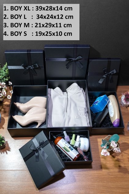 Büyük Boy XL Siyah 4lü Takım Kurdeleli Siyah Sert Hediye Kutusu Damat Gelin Çeyiz Bohça Kutusu
