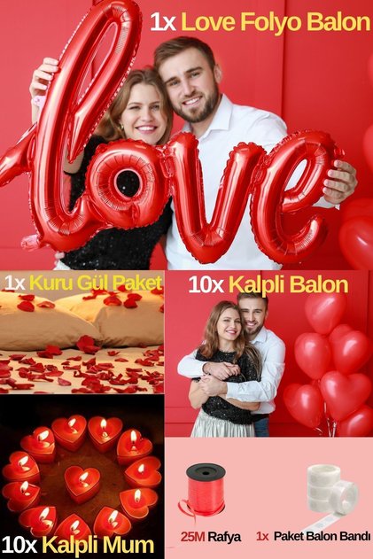 Kalpli Balon Love Folyo Balon Helyum Uyumlu Kuru Gül Mum Sevgililer Günü Yıl Dönümü Evlilik Teklifi