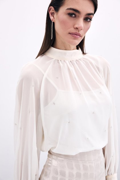 Stone Detailed Transparent Blouse - Cream