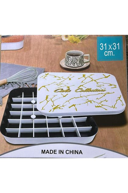 White marble square baking and serving tray, 31 x 31 cm, non-stick, with plastic dividers for basbousa, sweets, and cakes