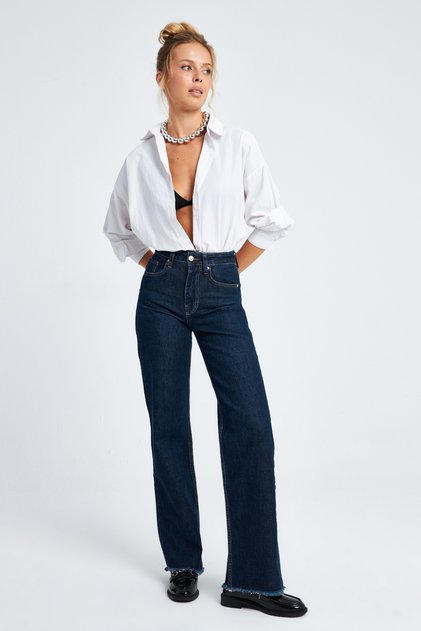Kadın Esnek Yüksek Bel Wide Leg Jeans Pantolon