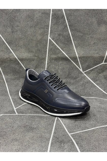 Navy Blue Genuine Leather Lace-Up Casual Sneakers