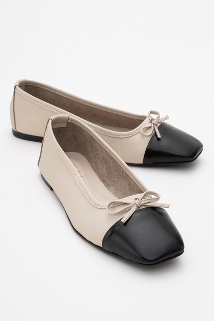 Romy Ecru-Black Skin Genuine Leather Blunt Toe Bow Women's Ballerina Shoes