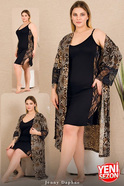 Strong Qalalık Fabric Snake Pattern Dressing Gown Set Black with Lace on the Sides 2'Er Nightgown & Dressing Gown 19236