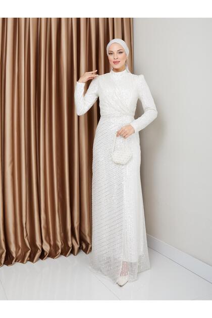Rochie de seară cu paiete și detaliu volan, stil Tesettür, ECRU 1677