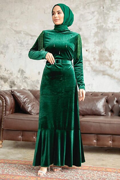 Neva Style Emerald Green Hijab Velvet Dress with Buckle Belt 3748Zy-  Trendyol