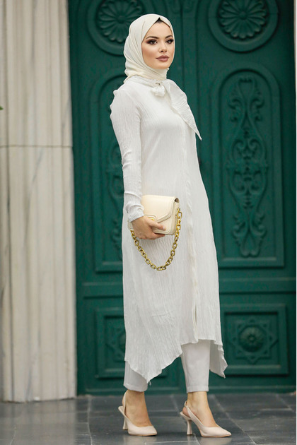 Buttoned Ecru Hijab Tunic 5401E