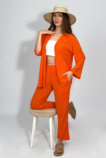 Women's Pants Bottom Top Double Kimono Suit Casual Fit Orange