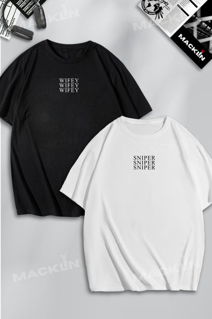 Unisex Women Men Wifey and Sniper Printed Lover Couple Combination Design Oversize Tshirt 2 Pack