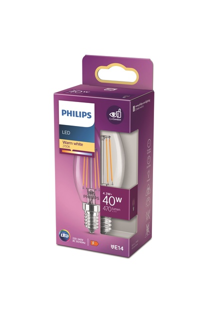 LED Classic Şeffaf Filament Mum Ampul 4.3W 470 Lum 2700K Sarı Işık B35 E14 (40W)