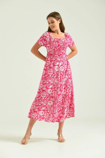 Women's Pink Square Neck Patterned Dress