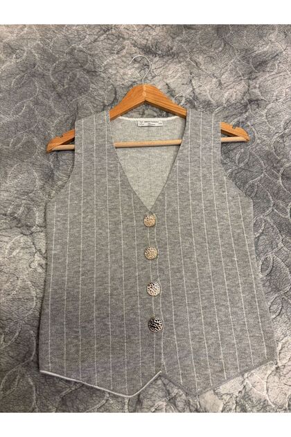 Women's Grey-Ecru V-Neck Striped Buttoned Knitwear Vest Women's Waistcoat 24Y1010