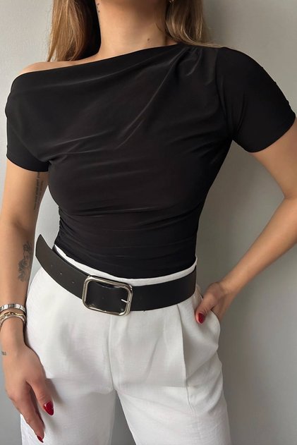 Kadın Sandy Kumaş Drapeli Kısa Kollu Crop Siyah Bluz 13433