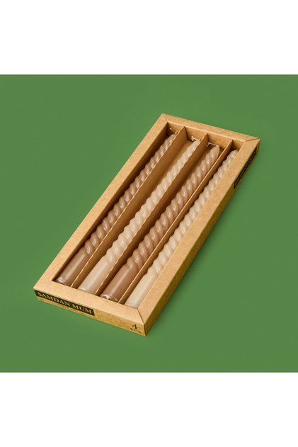 4'lü Burgulu Parlak Şamdan Mumu - Kahverengi / Bej - 25 cm