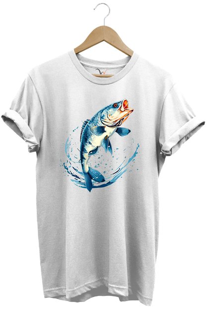 Fishing Perch Fish Printed Colorful Design 100% Cotton Regular Fit Crew Neck White T-Shirt