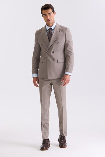 Beige Slim Fit Pointed Neck Striped Double Breasted Suit