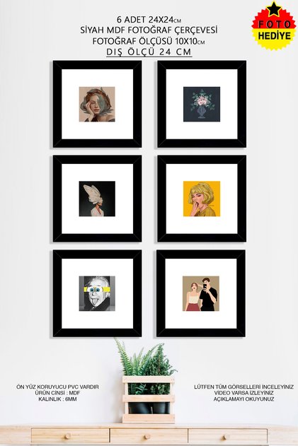 6 Adet 24x24 cm Siyah Fotoğraf Çerçevesi - 10x10 Foto Hediye - Mdf Çerçeve - Kare Çerçeve