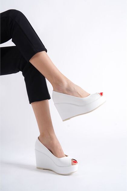 Felicity; White Matte Leather, 9 cm Wedge Heeled Shoes (Please Read the Product Description for the Size)